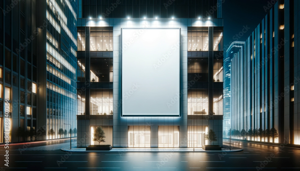 Sleek urban building showcasing a large mockup billboard in a serene night setting. Generative AI - obrazy, fototapety, plakaty 