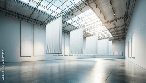Spacious exhibition hall with cascading white banners. Industrial chic. Vastness concept. Generative AI © Who is Danny