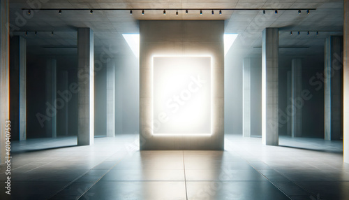 Futuristic glowing frame portal in spacious gallery hall. Light installation. Generative AI