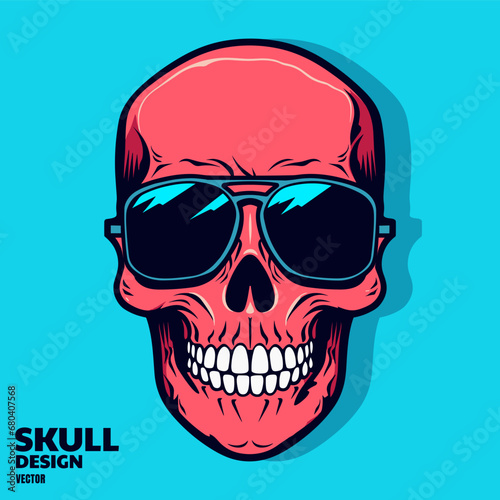 Illustration of red skull with sunglasses, bold line, t shirt retro design element