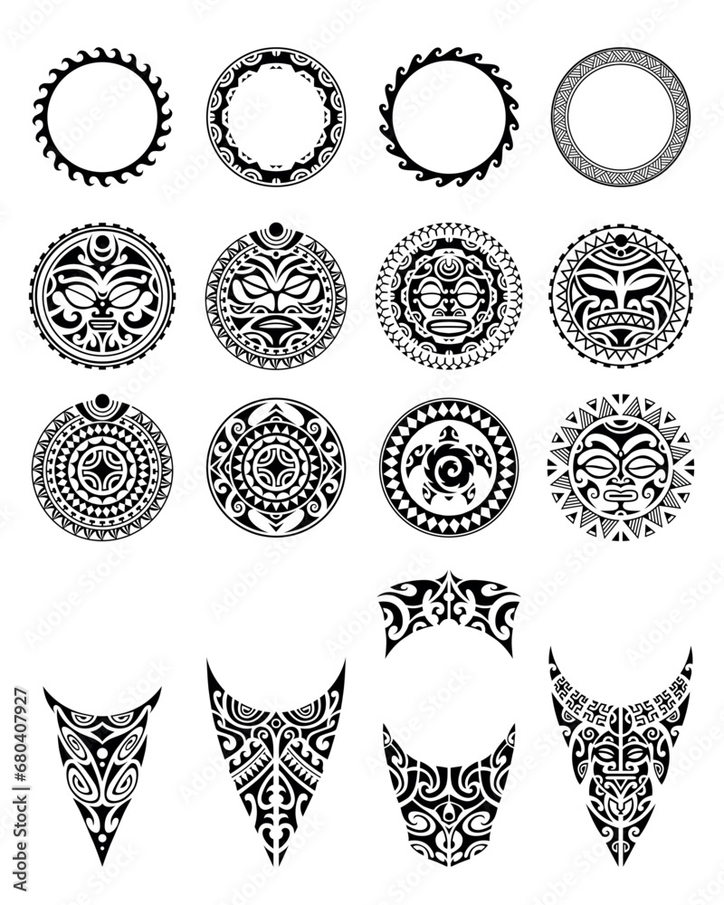 Set of tattoo sketch maori style for leg or shoulder with sun symbols face, turtle and swastika. Black and white tattoo collection Set of tattoo sketch maori style for leg or shoulder with sun symbols face, turtle and swastika. Black and white tattoo collection