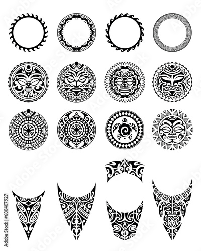 Set of tattoo sketch maori style for leg or shoulder with sun symbols face, turtle and swastika. Black and white tattoo collection