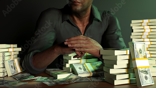 Man sitting in front of table full of stacks of US dollar notes over dark background. 3d rendering photo