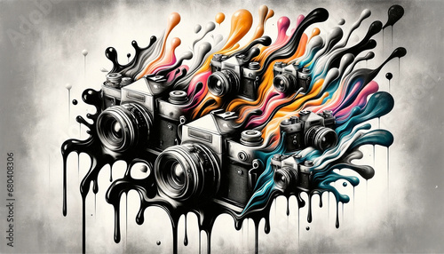 A conceptual art piece featuring a series of vintage cameras in monochrome shades melting into a canvas - Generative AI