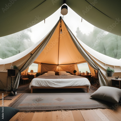 Camping. Tent healing. Free details. Inside the big tent. Remodeling. Interior. Simple. Bright image. Scenery. Free interior. Grass. Openness.
