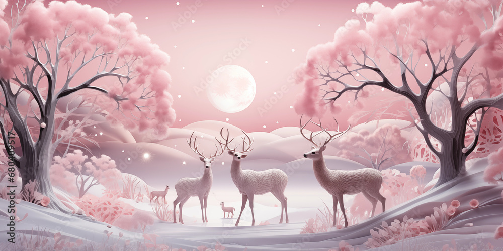 Hirsch als Cartoon in pink Farben im Schnee im Querformat als Banner, ai generativ - obrazy, fototapety, plakaty 