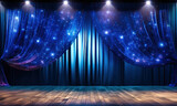 Digital AI orchestrates the drama on a stage wrapped in enchanting blue curtains.