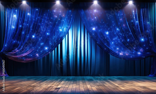 Digital AI orchestrates the drama on a stage wrapped in enchanting blue curtains. photo