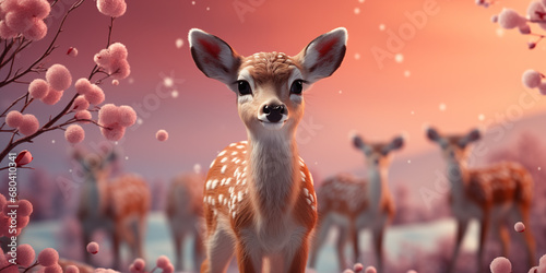 Süßes Bambi Rehlein als Cartoon in rosa Farben im Schnee im Querformat als Banner, ai generativ photo