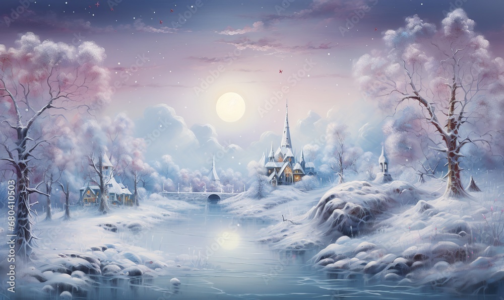 fantastic imaginary winter wonderland with sponge technique - obrazy, fototapety, plakaty 