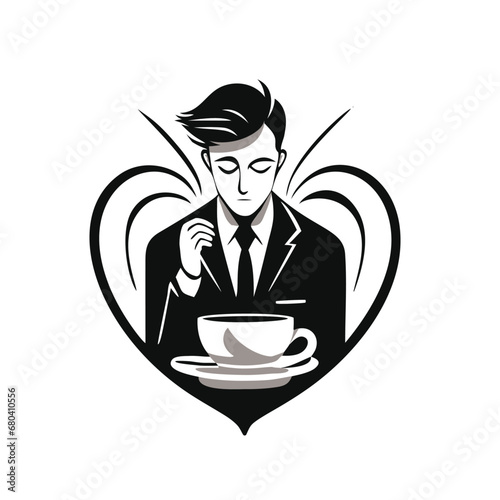 Vector, sleek and stylized man in a suit with a cup and steaming coffee or tea in the middle of a heart streamlined design, logo or icon.