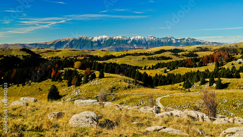 Altopiano di Lessinia. Panorama autunnale sui pascoli e le malghe. Provincia di Verona.Veneto, Italia photo