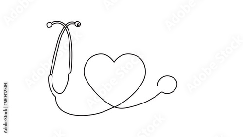 Continuous line animation video of medical health concept. Medical Stethoscope concept in doodle style. Stethoscope detecting heart in one line walking video art style. 4k videos