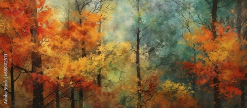 The background of the autumn scene displayed an abstract pattern of textures, seamlessly blending the vibrant hues of green and orange foliage of the trees and leaves, creating a colorful and