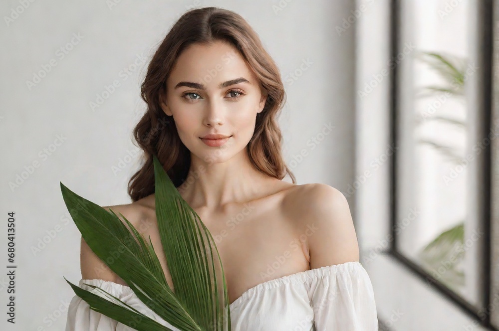 Woman with beautiful skin face with tropical leaf in her hands. Girl with palm tree. Spa model. Woman with beautiful skin face with tropical leaf in her hands. Girl with palm tree. Spa model.