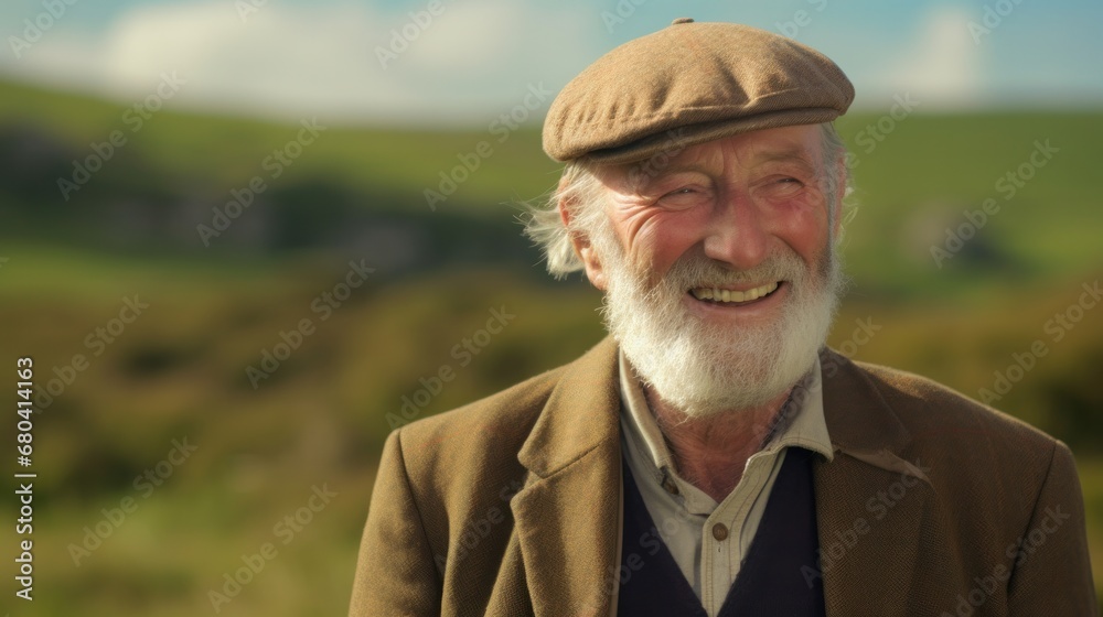 An older man with a beard and hat smiling warmly.