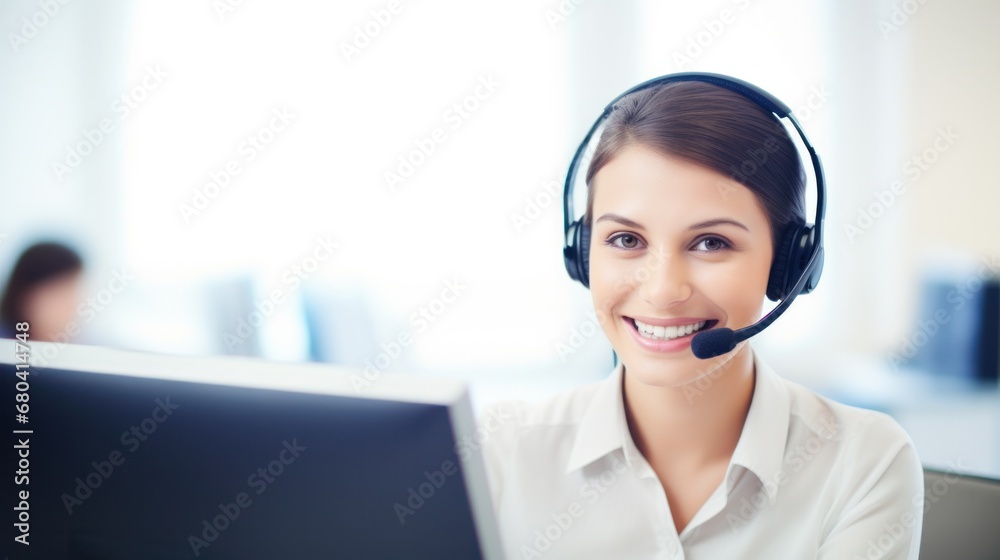 A woman wearing a headset, focused on her computer screen, while working. A woman wearing a headset, focused on her computer screen, while working.
