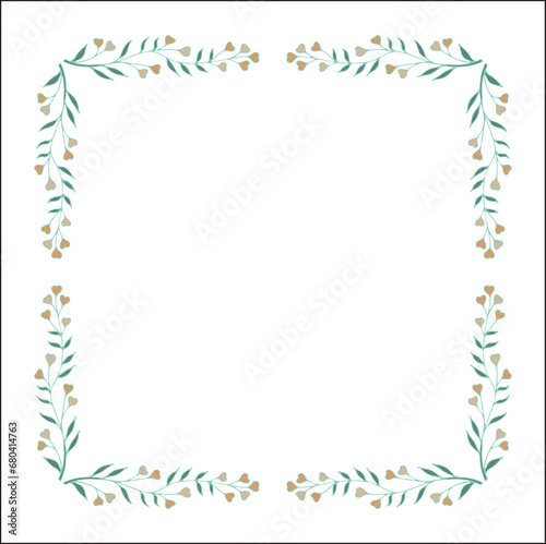  Green floral frame with heart shaped flowers, decorative corners for greeting cards, banners, business cards, invitations, menus. Isolated vector illustration.