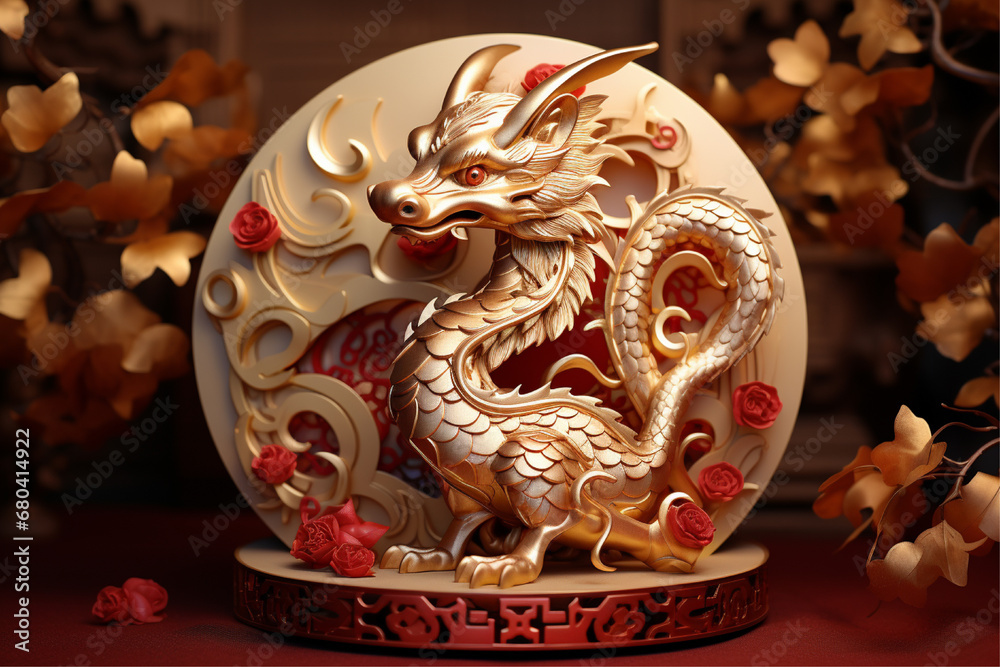 Golden chinese dragon, dragon for 2024 chinese new year greeting card
