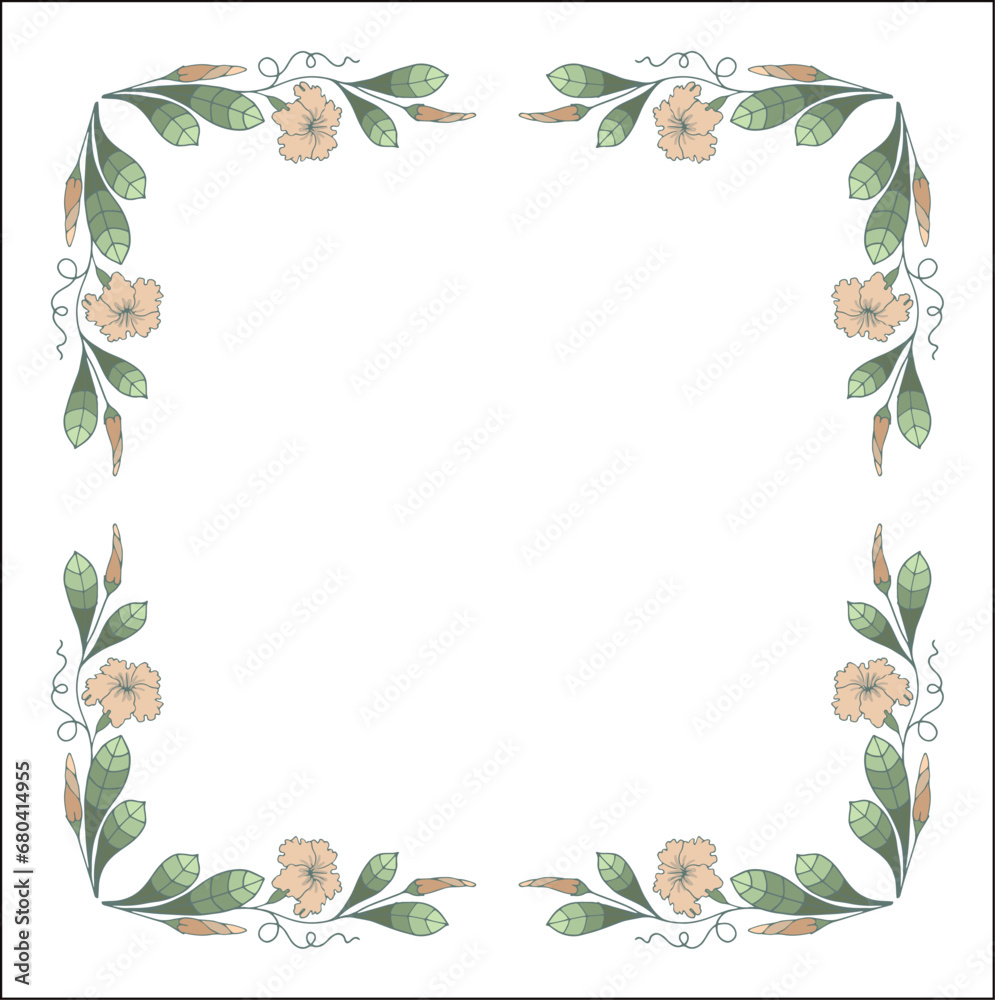 Fototapeta premium Green floral frame with tropical leaves and flowers, decorative corners for greeting cards, banners, business cards, invitations, menus. Isolated vector illustration.