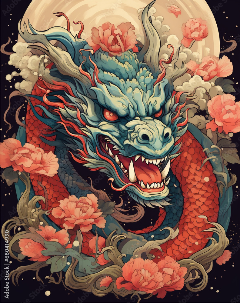 Happy chinese new year poster 2024 year of dragon, chinese new year dragon and flower chinese dragon