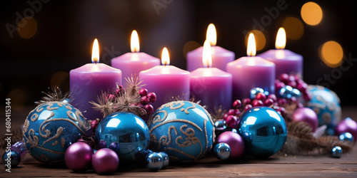 Kerzen mit Flammen zu Weihnachten als Adventskranz in blau und pink mit wunderschöner Dekoration im Querformat als Banner, ai generativ photo
