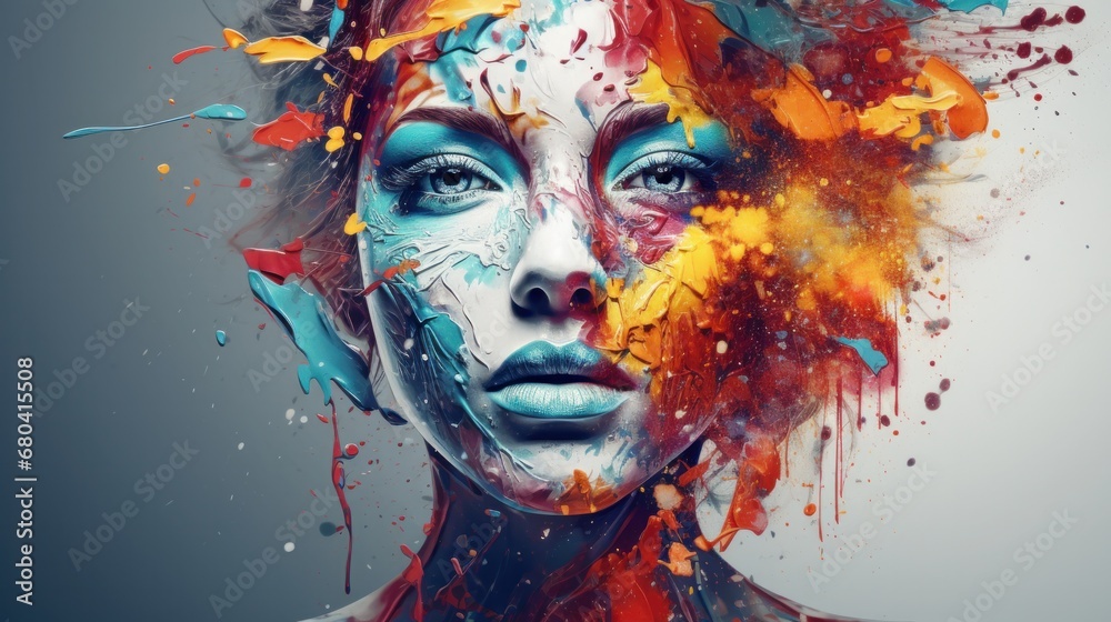 A woman with colorful paint splatters on her face, showcasing her artistic expression and creativity.