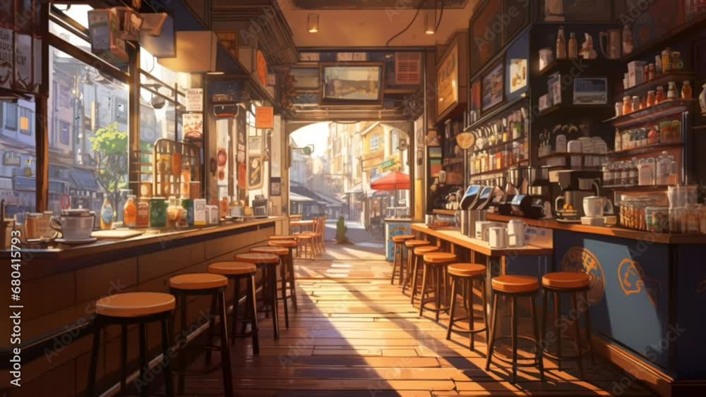 Lofi cozy vibes cafe background. seamless looping 4k video animation background. Generated with AI