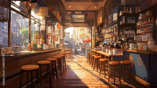 Lofi cozy vibes cafe background. seamless looping 4k video animation background. Generated with AI