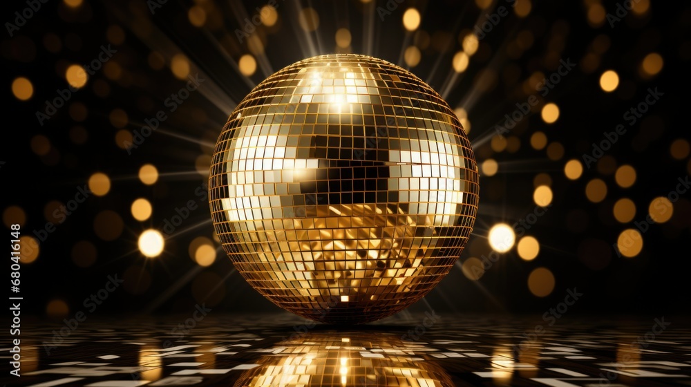 Obraz premium Golden disco mirror ball reflect light on glitter dark canvas background