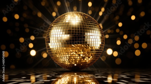 Golden disco mirror ball reflect light on glitter dark canvas background