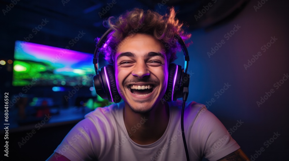 A man wearing headphones, joyfully laughing and smiling.