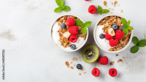 Two Bowls of fresh mixed berries and yogurt with farm fresh strawberries, blackberries and blueberries served on wooden table