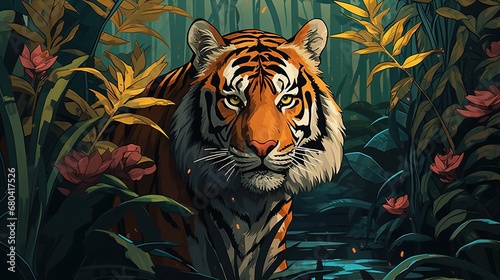 Close-up look of a tiger head in the jungle background.