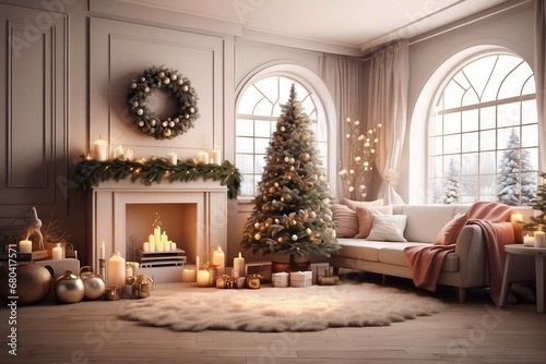 cosy Christmas interior with a large beautiful Christmas tree and a fireplace