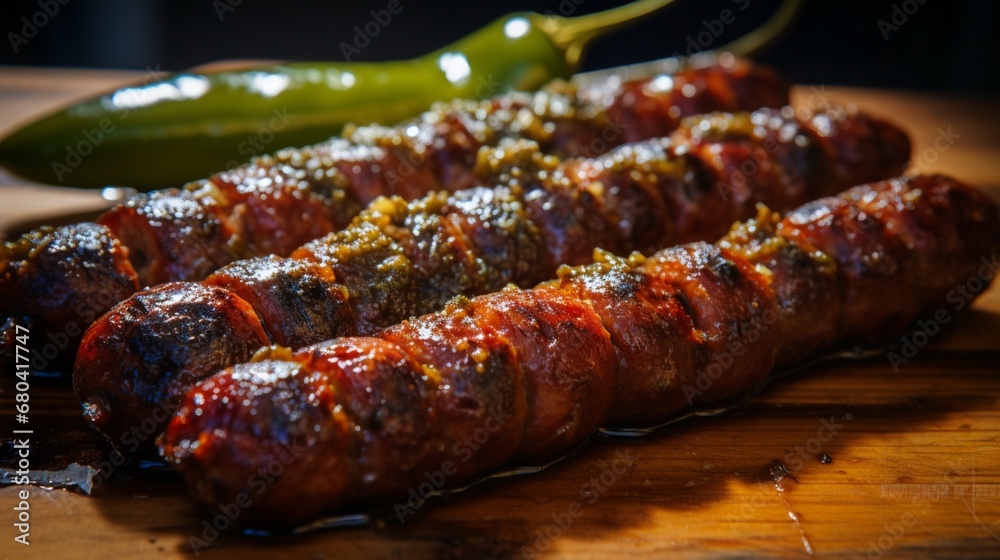 a close-up shot of a spicy jalape?+/-o and cheddar sausage link fresh off the grill