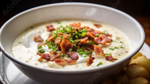 a close-up shot of a comforting bowl of clam chowder with chunks of clams and crispy bacon
