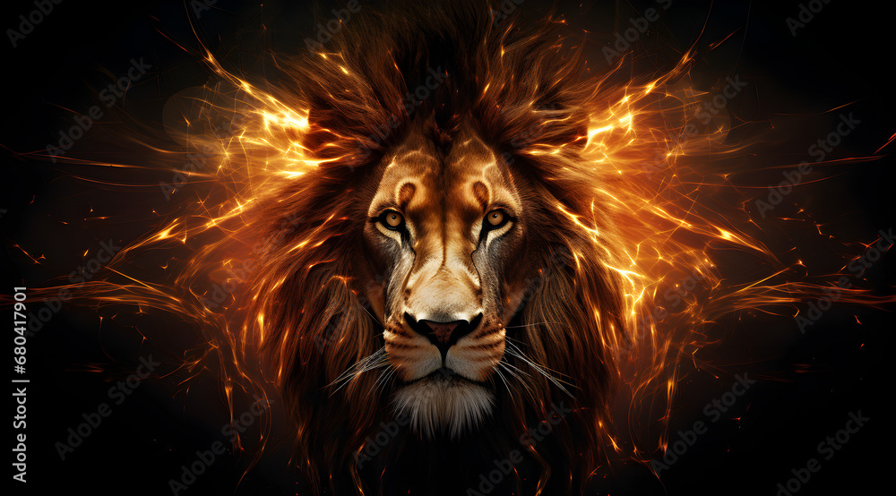 Majestic lion with a mane of glowing neon orange light. Majestic lion with a mane of glowing neon orange light.