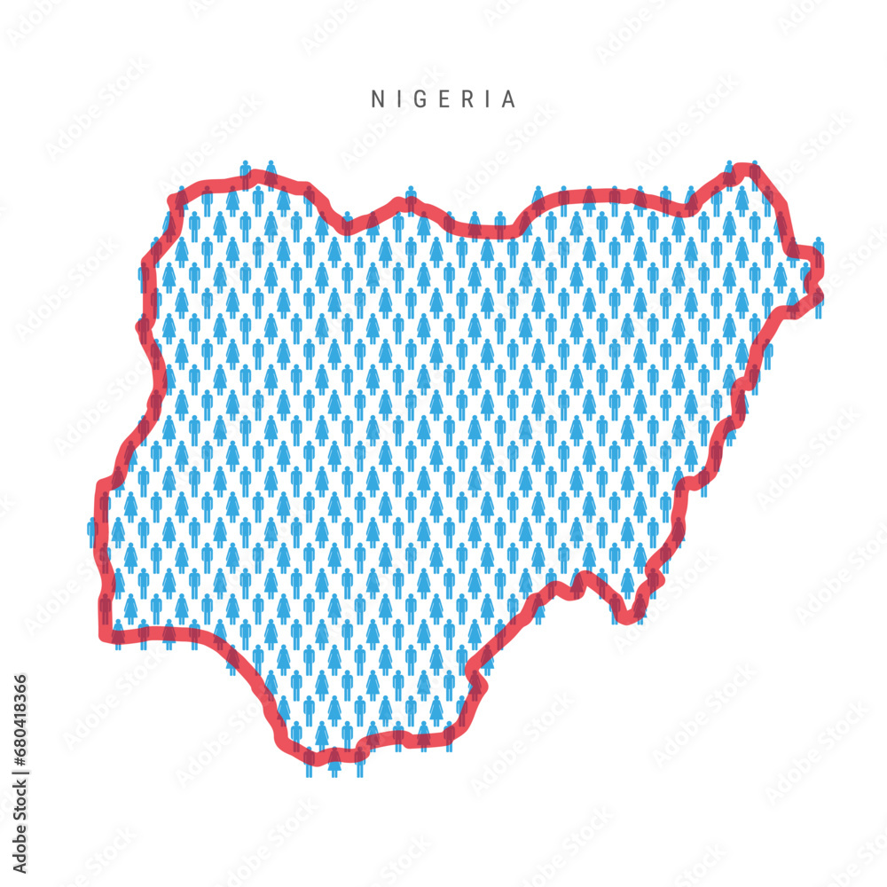 Nigeria population map. Stick figures Nigerian people map. Pattern of men and women. Flat vector illustration