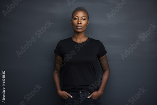 A shaved 40-45 year old black lesbian wearing a black t-shirt, in the style of androgynous, lgbt pride