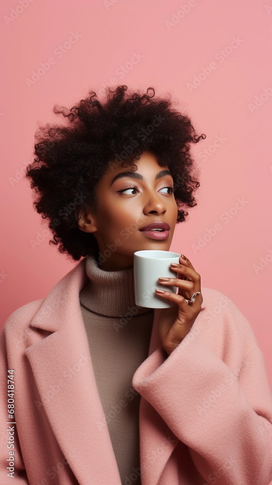 Portrait of a black female drinking coffee against pastel background with space for text, AI generated, background image Portrait of a black female drinking coffee against pastel background with space for text, AI generated, background image