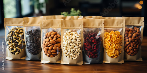 assortment of nuts in transparent packaging on the shop shelf