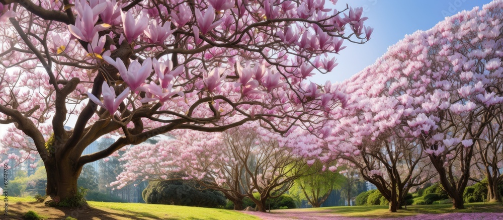In the idyllic park, a magnificent Magnolia tree stood proudly, adorned with clusters of delicate pink flowers against the backdrop of a clear blue sky, embodying the beauty of nature in the spring