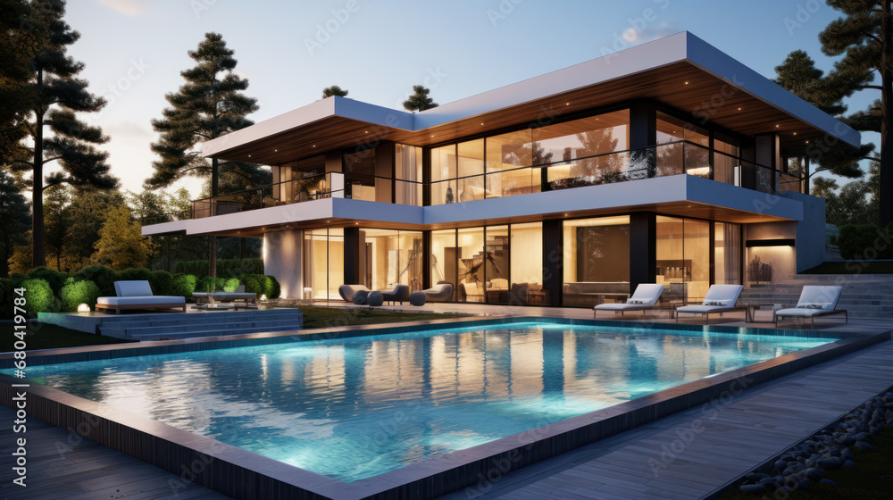Modern villa with pool and deck with interior