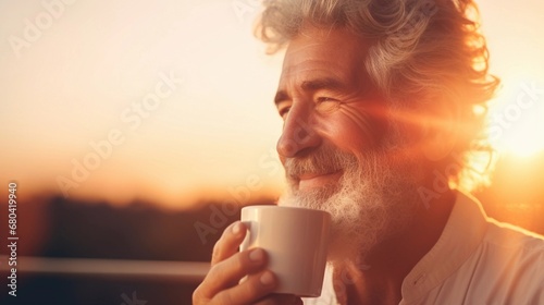 Portrait of a white old male drinking hot coffee against morning sunrise background with space for text, AI generated, background image