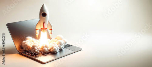 Rocket launching out of a laptop, creativity in technology concept, mockup. Generative AI