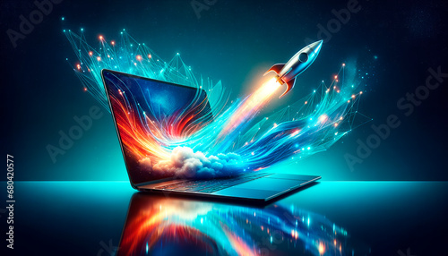 Rocket exiting laptop screen with abstract digital wave, Generative AI photo
