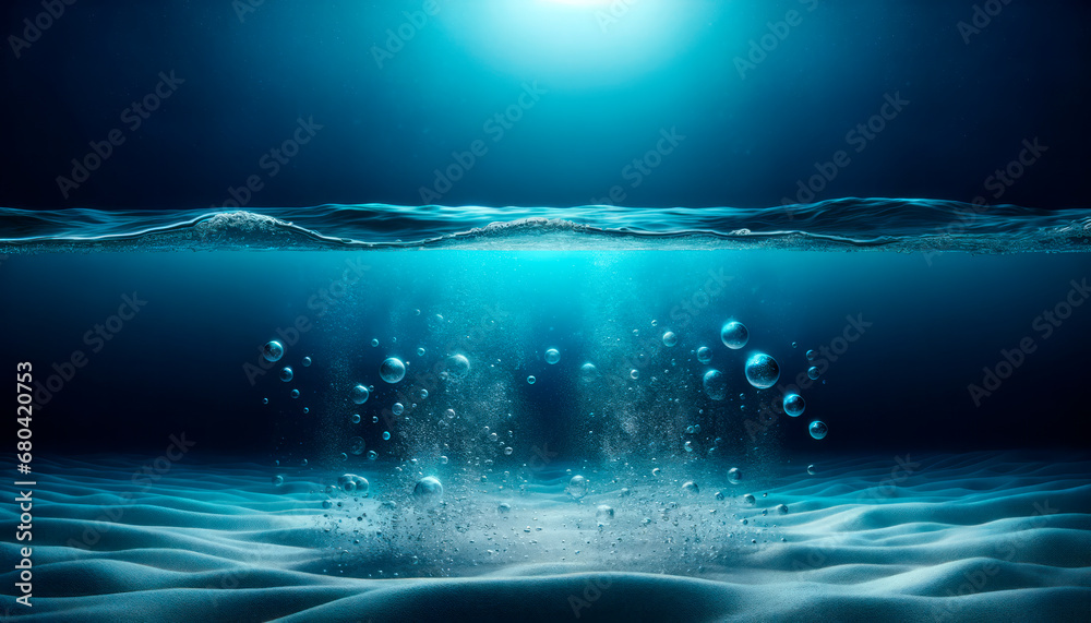 Underwater seascape with light rays and bubbles. Deep blue ocean background. Serenity concept. Generative AI Underwater seascape with light rays and bubbles. Deep blue ocean background. Serenity concept. Generative AI
