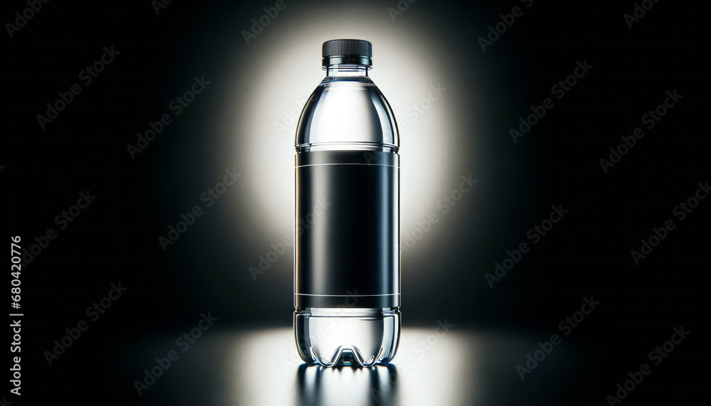 Water bottle with dramatic backlighting on dark background. Contrast lighting. Generative AI - obrazy, fototapety, plakaty 