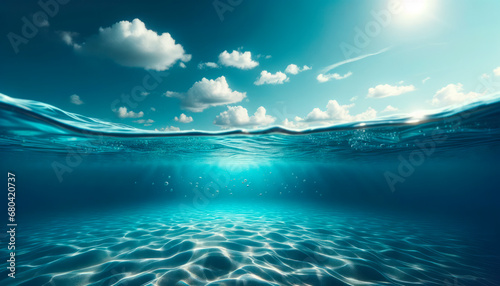 Underwater scene with sunbeams filtering through the water. Calm ocean background. Generative AI photo